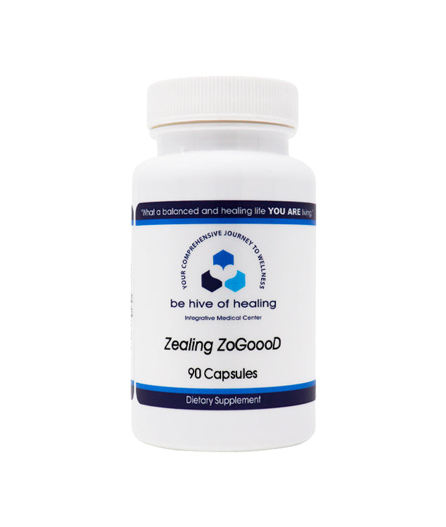 A white bottle labeled "Zealing ZoGoooD - Zinc Supplement" from Be Hive of Healing Wellness Store, containing 90 capsules. The label also features the tagline, "What a balanced and healing life YOU ARE living!