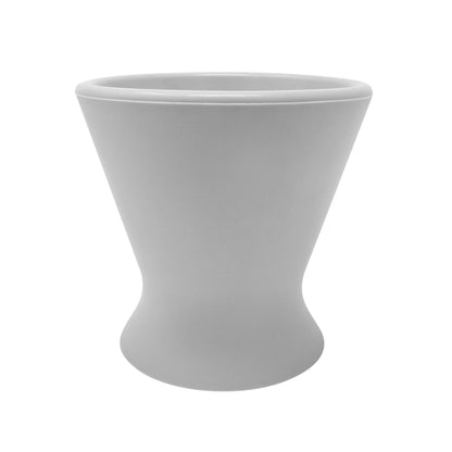 A sleek, modern gray ceramic vase with a wide rim and narrow base stands on a plain white background. Its symmetrical shape and minimalist design add a contemporary touch, reminiscent of the elegant simplicity found in products like the bökee Baby Bottle Holder for one-handed bottle prep.