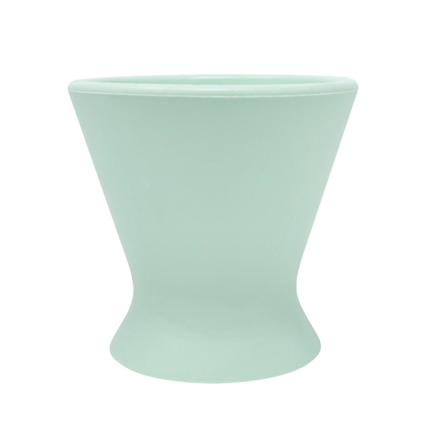 A mint green, hourglass-shaped ceramic planter with a smooth surface shares a sleek design similar to the bökee Baby Bottle Holder by bökee, known for its BPA-free silicone construction.