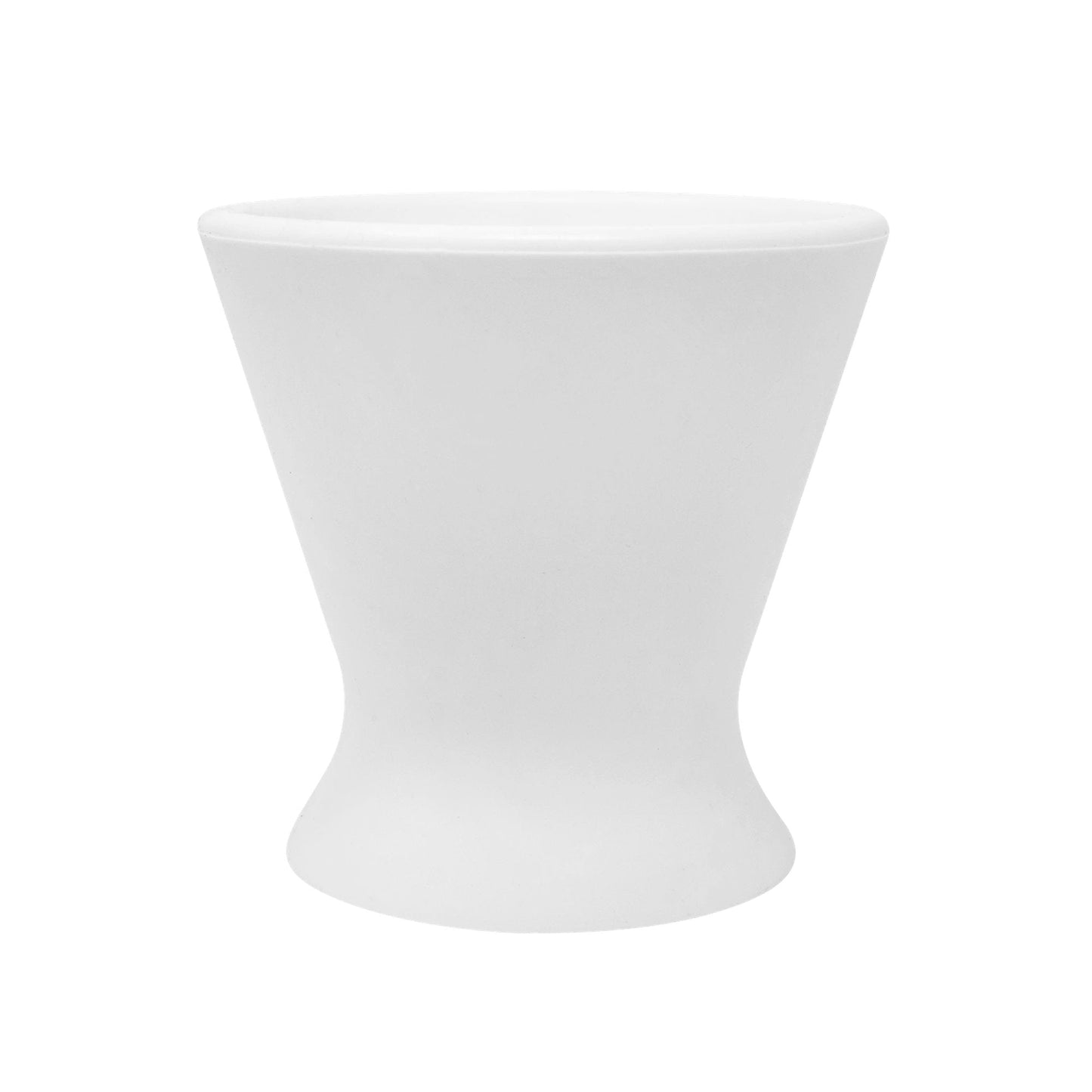 A minimalist hourglass-shaped stool, specifically designed as the bökee Baby Bottle Holder for one-handed bottle prep, features a smooth matte finish in white and is centered against a plain white background.