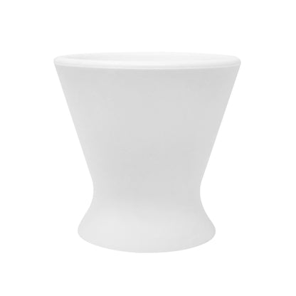 A minimalist hourglass-shaped stool, specifically designed as the bökee Baby Bottle Holder for one-handed bottle prep, features a smooth matte finish in white and is centered against a plain white background.