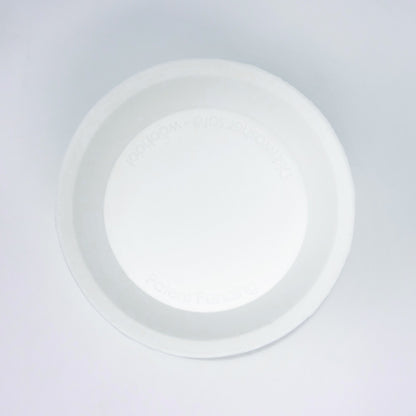 A white, round paper bowl viewed from above on a plain white background features an inner rim subtly embossed with text reminiscent of the elegant simplicity characteristic of the bökee Baby Bottle Holder, One-Handed Bottle Prep by bökee.