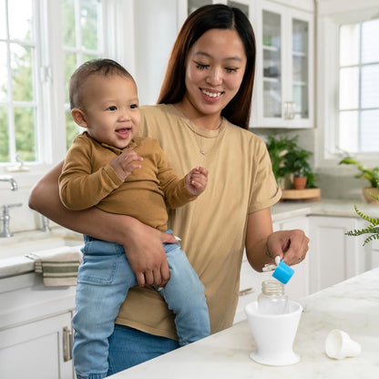 In a bright kitchen adorned with white cabinets and plants, a woman skillfully prepares a bottle using the bökee Baby Bottle Holder for one-handed bottle prep, all while holding her smiling baby. The inviting setting ensures both the baby bottles and surroundings complement practicality with charm.