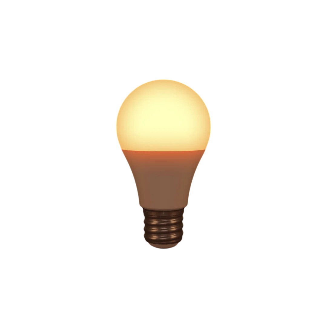 The Healthy Home Shop's Circadian Lightbulb, with a standard screw base and classic rounded shape, emits a circadian-friendly warm yellow light. The glowing filament stands out beautifully against a plain black background.