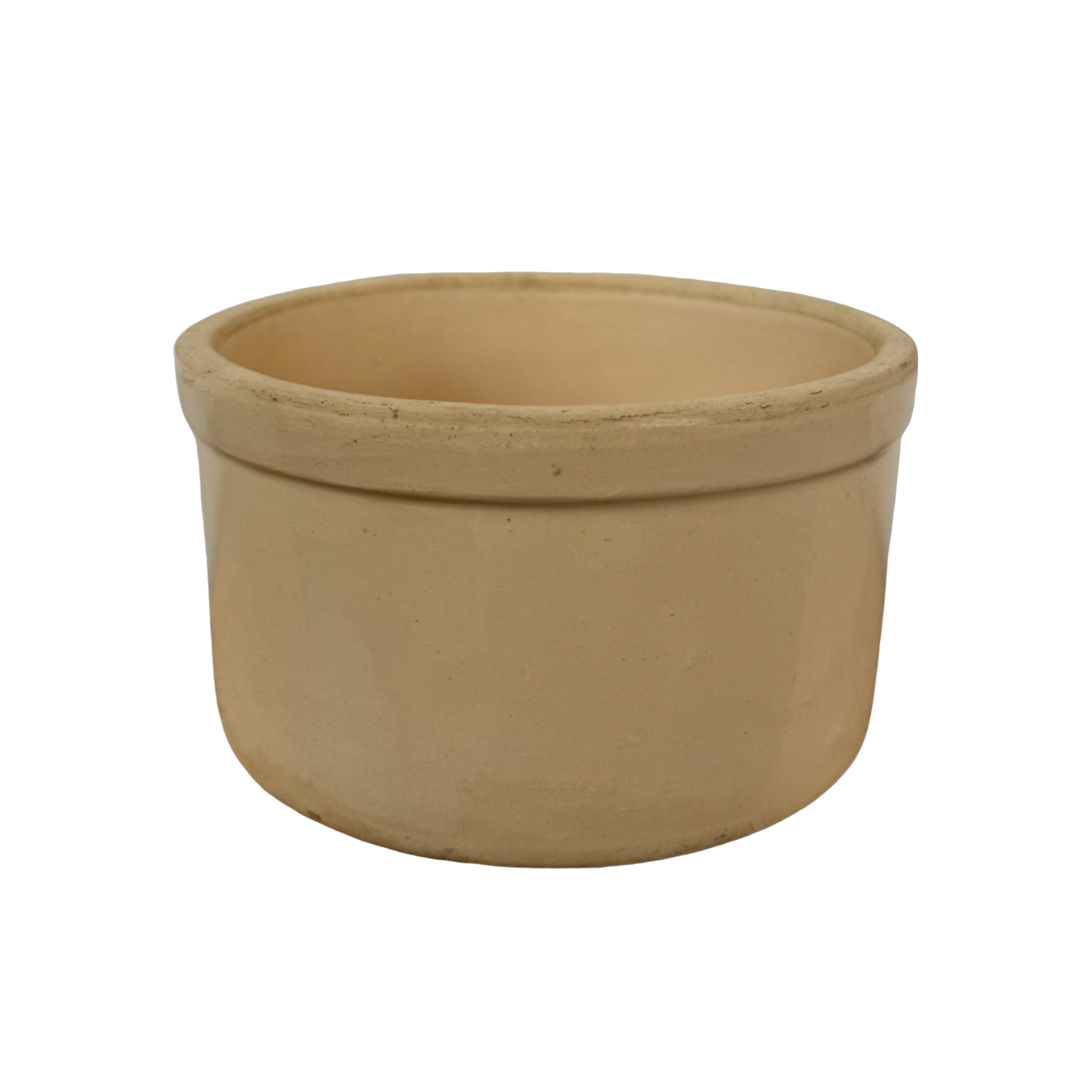 The Vintage Medium Stoneware Crock by Shoppe Maison features a smooth, round shape that is slightly wider at the top than the bottom. Its plain exterior boasts a natural, earthy beige color without any decorative elements, reminiscent of classic vintage homeware. The pot stands out clearly against a completely black background.