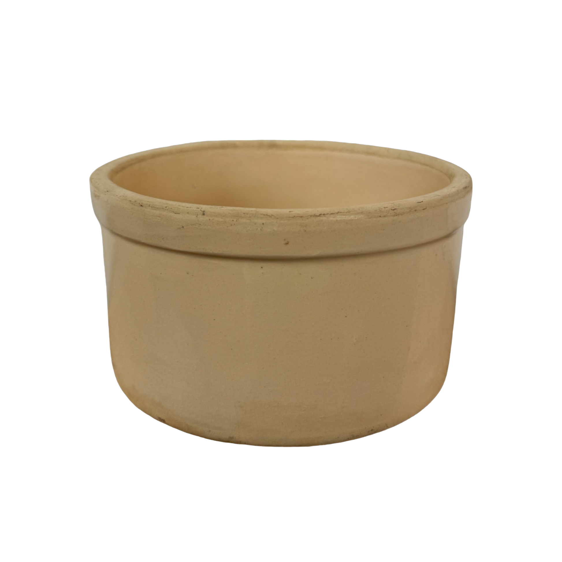 The Vintage Medium Stoneware Crock by Shoppe Maison features a smooth, round shape that is slightly wider at the top than the bottom. Its plain exterior boasts a natural, earthy beige color without any decorative elements, reminiscent of classic vintage homeware. The pot stands out clearly against a completely black background.