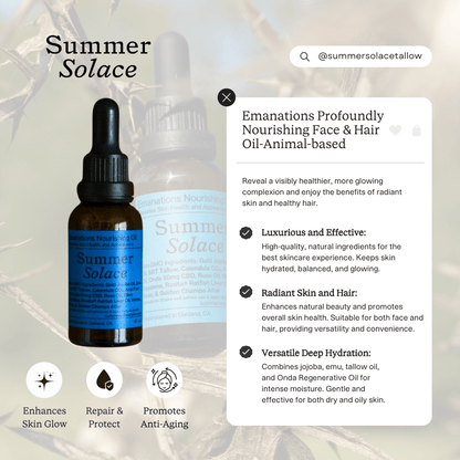 A dropper bottle of Emanations Profound Face Oil by Summer Solace Tallow sits beside a card describing its deeply nourishing blend of champa, tuberose, and white ginger lily for glowing, hydrated, and more youthful-looking skin.