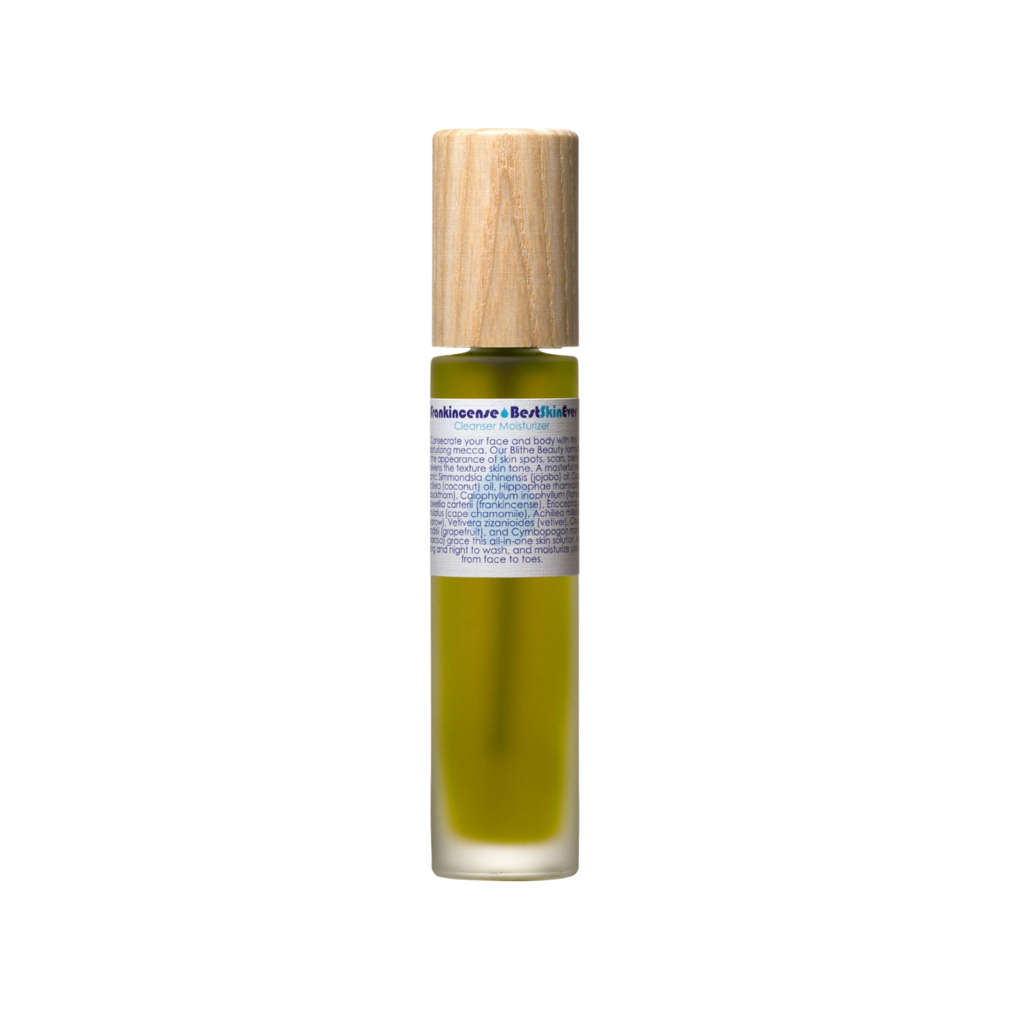 A small, cylindrical bottle containing a greenish-yellow cleanser, fitted with a wooden cap. The label features detailed information in multiple lines about "Best Skin Ever Cleanser- Frankincense" by Living Libations, suggesting its use as an acne redness soothing cleanser, exfoliator, and moisturizer.
