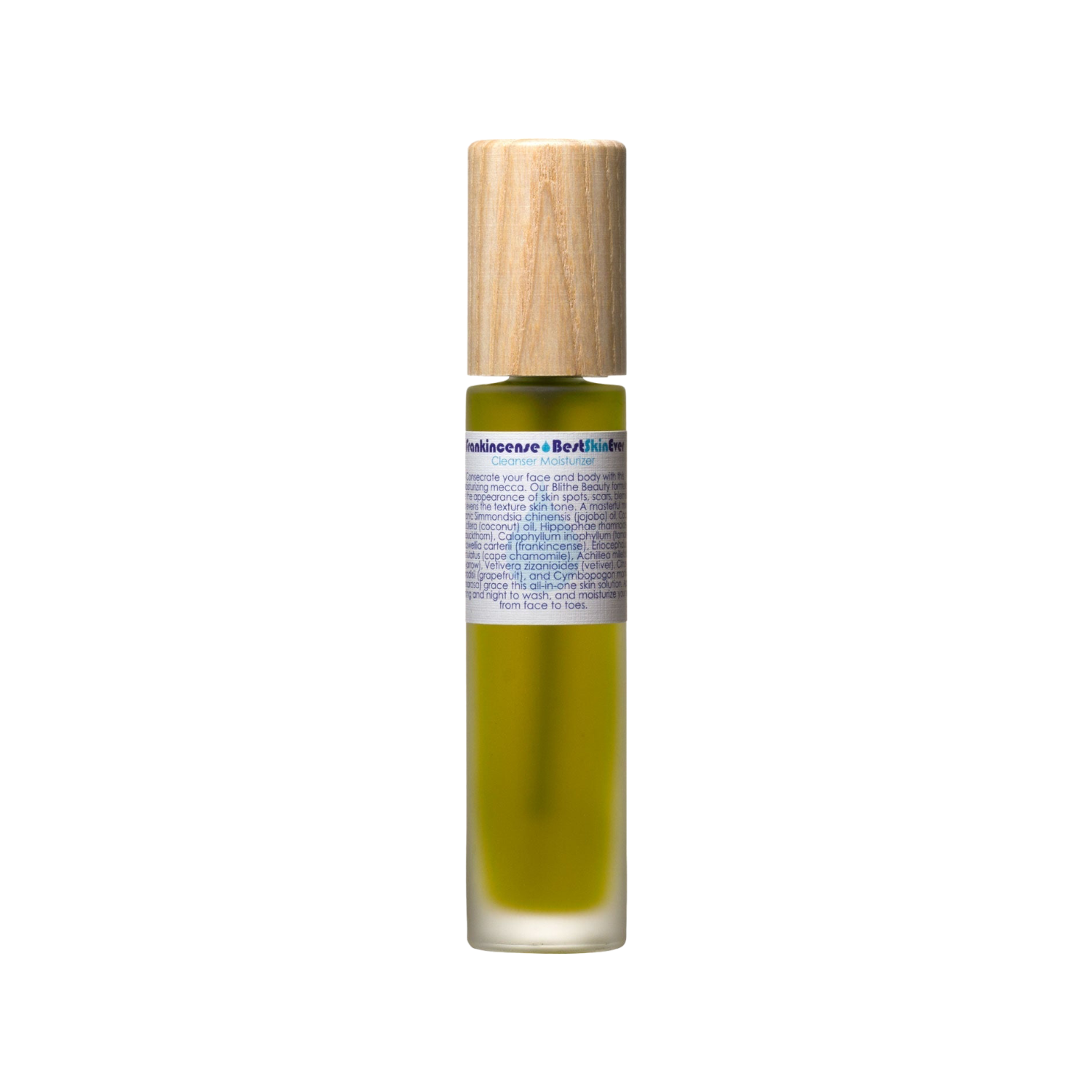 A small, cylindrical bottle containing a greenish-yellow cleanser, fitted with a wooden cap. The label features detailed information in multiple lines about "Best Skin Ever Cleanser- Frankincense" by Living Libations, suggesting its use as an acne redness soothing cleanser, exfoliator, and moisturizer.