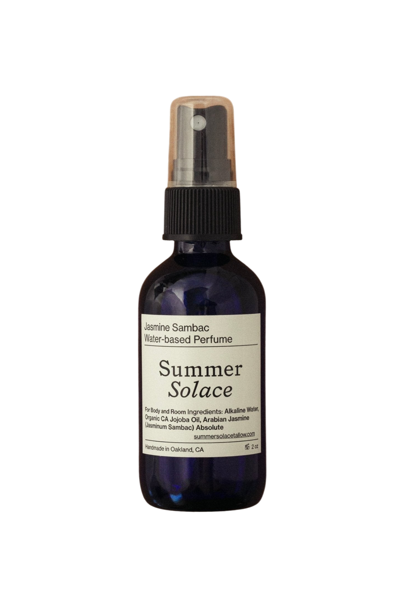 The Summer Solace Tallow Jasmine Sambac + Magnolia Perfume Mist (Water-Based, UPDATED FORMULA) features a white label and clear cap, offering a natural floral scent for body and room use.