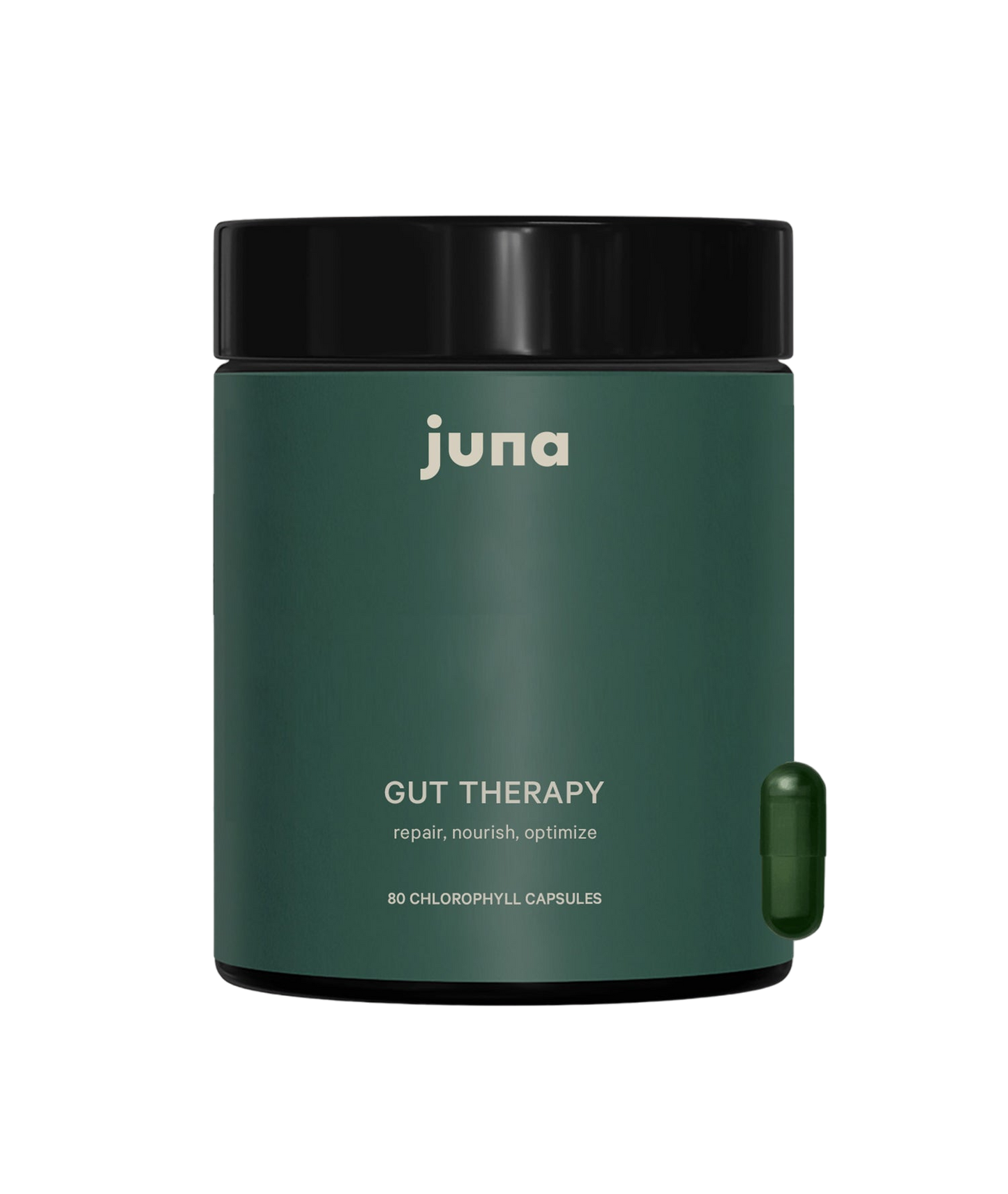 A dark green container of Juna Gut Therapy Supplement with a black lid is shown. The label reads "repair, nourish, optimize" and contains 80 chlorophyll capsules to support gut health. A single green capsule is positioned beside the container.