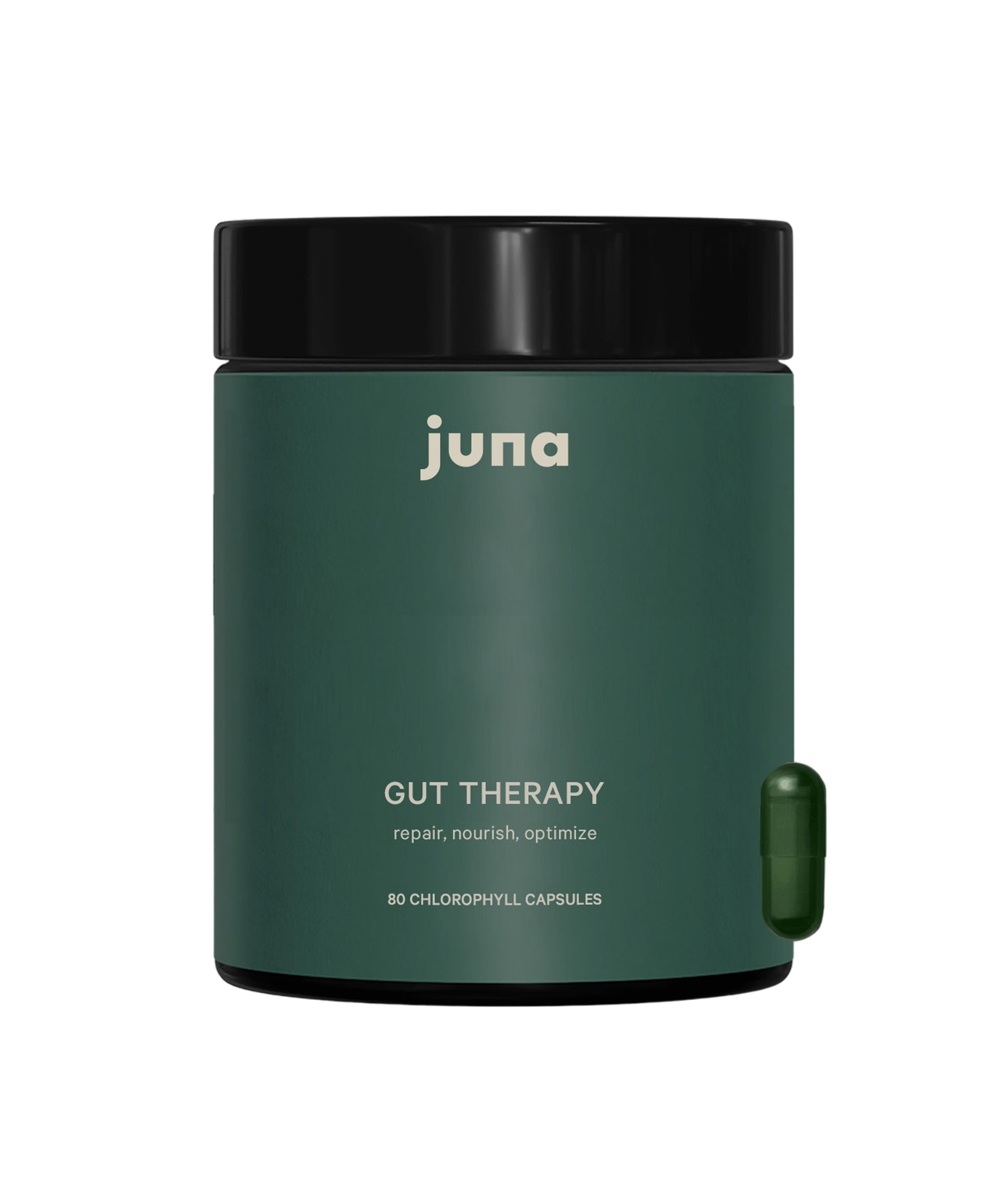 A dark green container of Juna Gut Therapy Supplement with a black lid is shown. The label reads "repair, nourish, optimize" and contains 80 chlorophyll capsules to support gut health. A single green capsule is positioned beside the container.