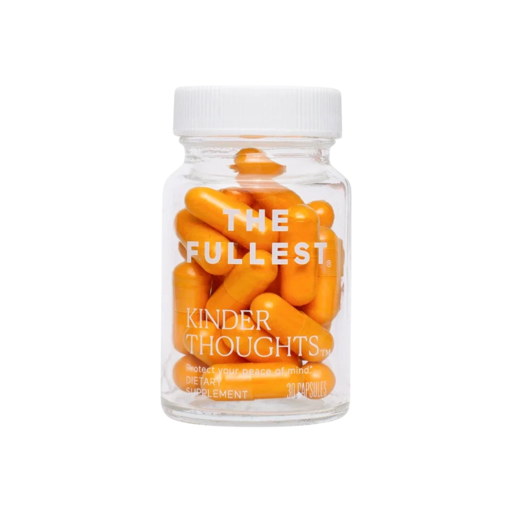 A clear bottle of "Kinder Thoughts" by THE FULLEST contains yellow-orange dietary saffron capsules, suggesting a mood-boosting blend. The label highlights 30 capsules inside, with the white background enhancing its simple appeal.