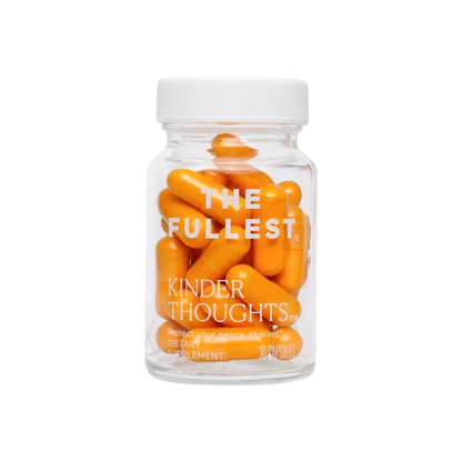 A clear bottle of "Kinder Thoughts" by THE FULLEST contains yellow-orange dietary saffron capsules, suggesting a mood-boosting blend. The label highlights 30 capsules inside, with the white background enhancing its simple appeal.