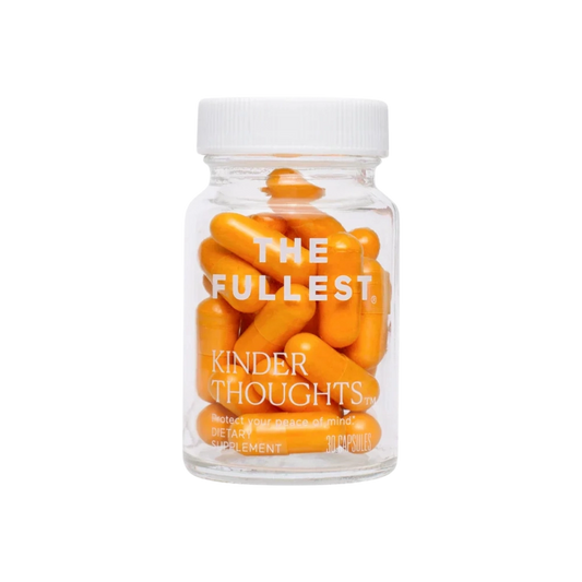 A clear bottle of "Kinder Thoughts" by THE FULLEST contains yellow-orange dietary saffron capsules, suggesting a mood-boosting blend. The label highlights 30 capsules inside, with the white background enhancing its simple appeal.