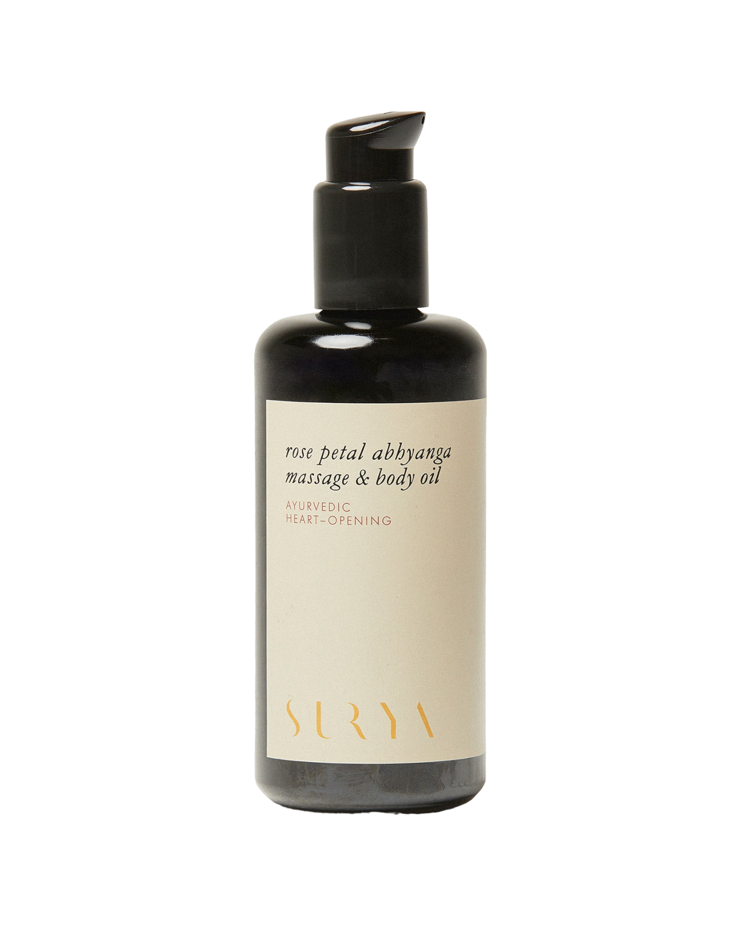 A bottle of Rose Petal Body Oil from the brand Surya, featuring a pump dispenser. The cream-colored label with gold lettering reads "Ayurvedic Heart-Opening." Handmade by Martha, the sleek black bottle captures the essence of rose essential oil.