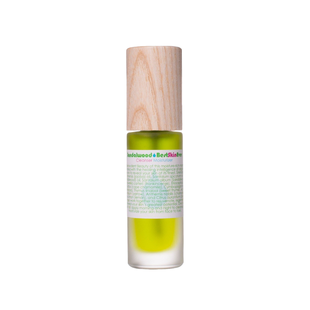 A bottle of Living Libations' Best Skin Ever Cleanser - Sandalwood skincare product features a wooden cap. The bottle contains yellowish-green liquid and displays a label with the text "Sandalwood & BestSkinEver Cleanser Moisturizer." Infused with organic essential oils, this formula is perfect for sensitive skin. The label includes small, multicolored text.