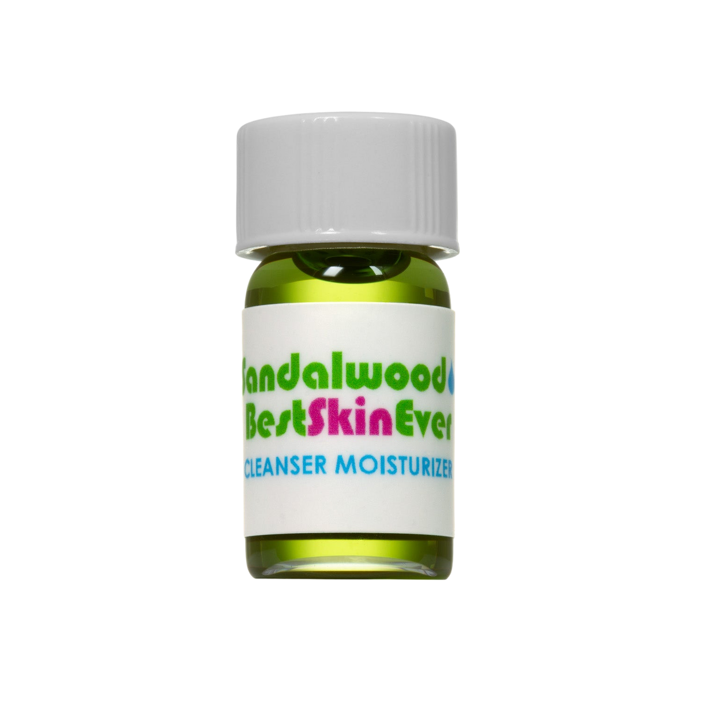A small glass bottle containing a green liquid, sealed with a white cap, featuring a label that reads "Living Libations Best Skin Ever Cleanser - Sandalwood" in colorful text. Formulated with organic essential oils, it’s ideal for those looking for a sensitive skin serum.