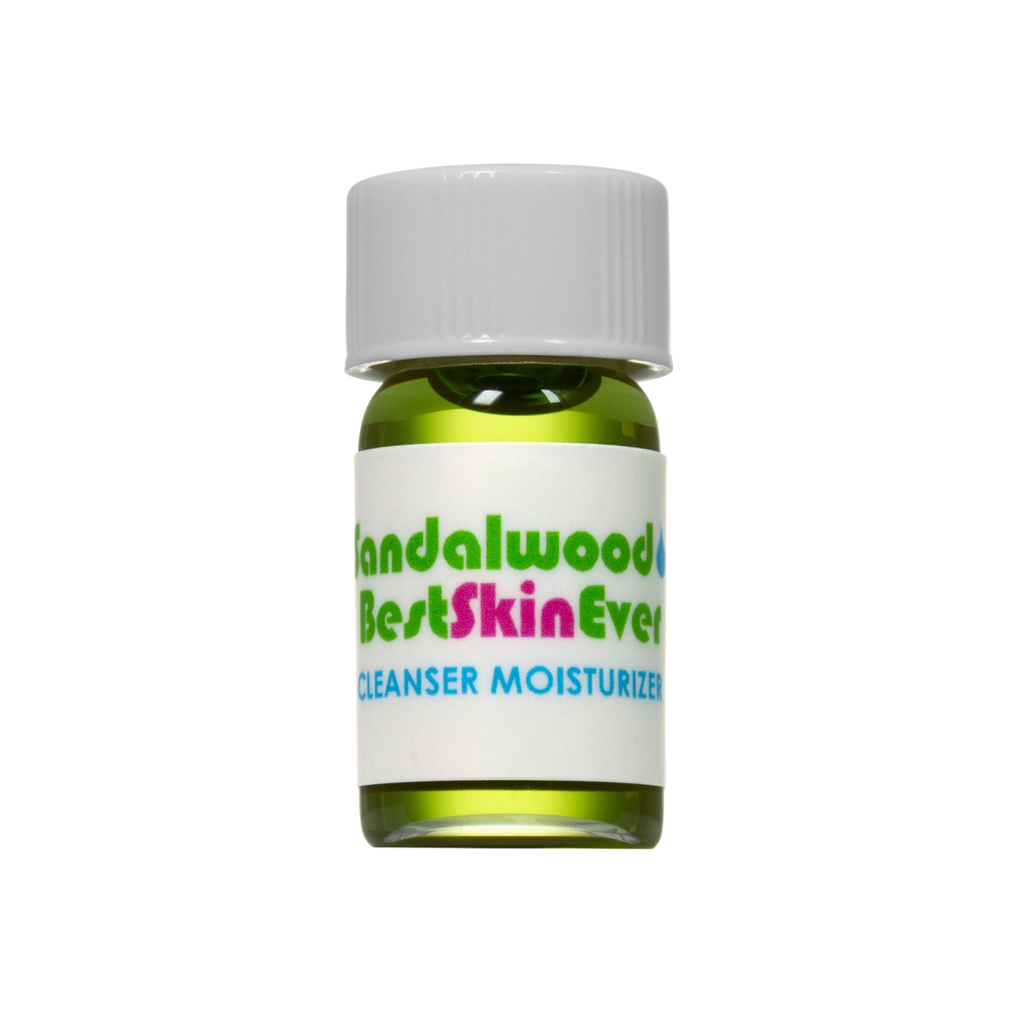 A small glass bottle containing a green liquid, sealed with a white cap, featuring a label that reads "Living Libations Best Skin Ever Cleanser - Sandalwood" in colorful text. Formulated with organic essential oils, it’s ideal for those looking for a sensitive skin serum.