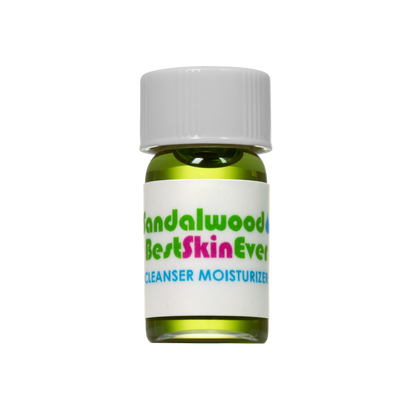 A small glass bottle containing a green liquid, sealed with a white cap, featuring a label that reads "Living Libations Best Skin Ever Cleanser - Sandalwood" in colorful text. Formulated with organic essential oils, it’s ideal for those looking for a sensitive skin serum.