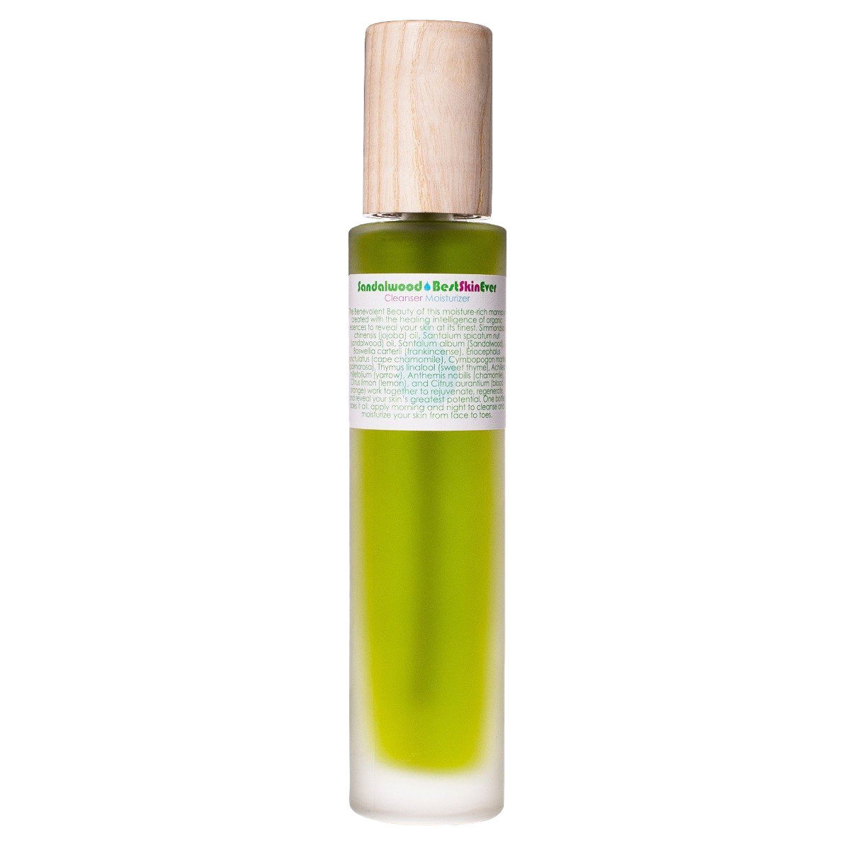 A green cylindrical bottle with a wooden cap, labeled "Best Skin Ever Cleanser - Sandalwood" by Living Libations. The bottle contains further text in small print and is filled with a green liquid, likely the cleanser enhanced with organic essential oils.