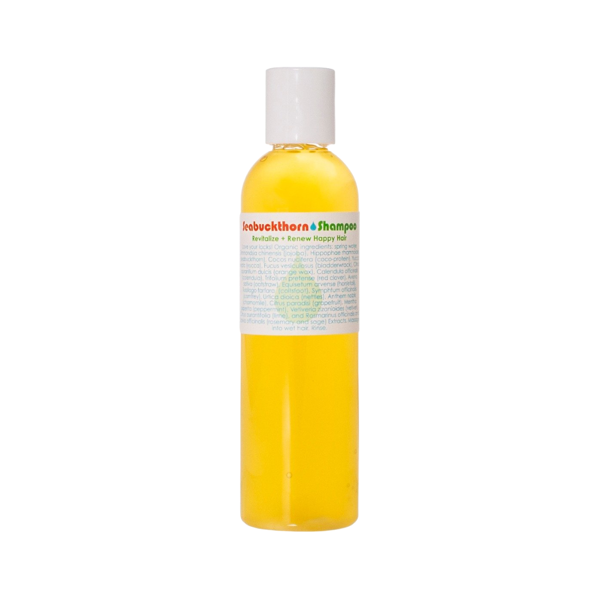 A clear plastic bottle filled with yellow liquid, capped with a white lid. The label reads "Living Libations Seabuckthorn Shampoo" in red and green text with a list of ingredients or details in smaller print below. The label also features a small green tree logo in the center, promising botanical delights within.