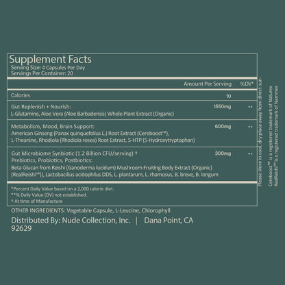 An image of a supplement facts label for Juna's Gut Therapy Supplement. It details serving size, servings per container, and ingredients including L-Glutamine, Aloe Vera, Ginseng, and a Gut Microbiome Synbiotic to support gut health. Manufacturer details are at the bottom.