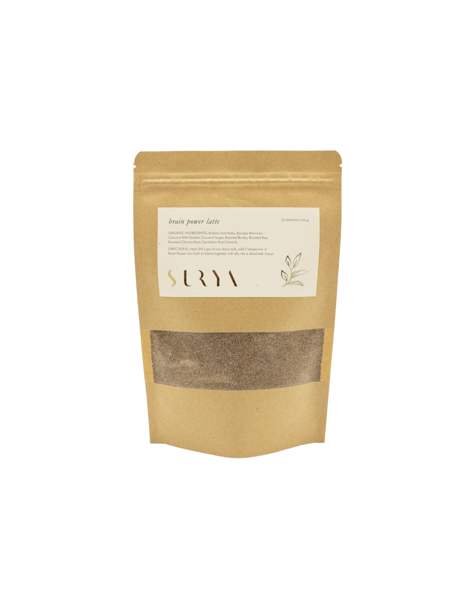 A brown paper package labeled "Brain Power Latte" from the brand Surya, fulfilled by Surya in the United States. The packaging has a window that reveals the powdery contents inside. The label describes the product, lists "30 Servings," and features the brand name "Surya" along with minimalist botanical illustrations.