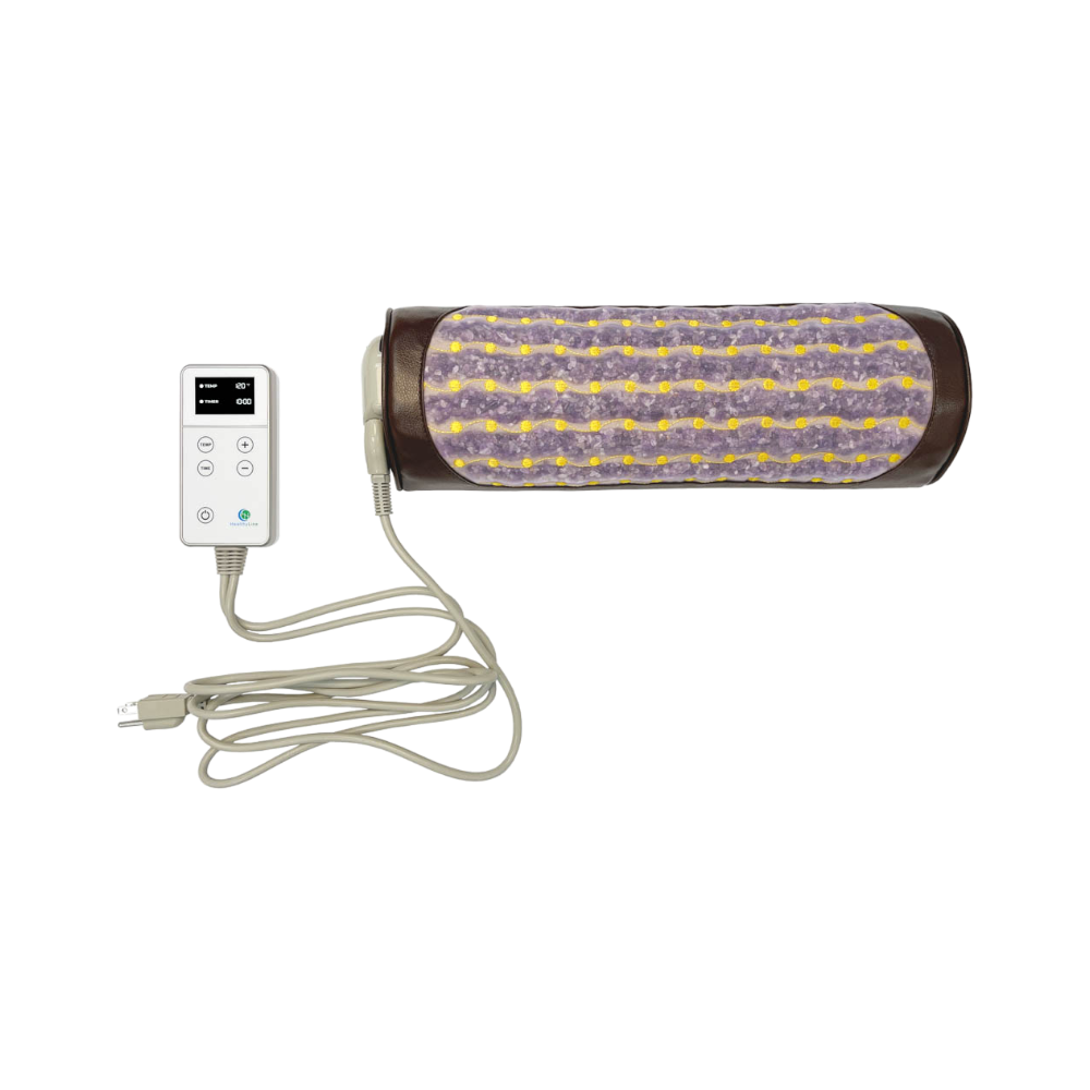 The Amethyst Bolster Firm | Heated InfraMat Pro® from HealthyLine is a cylindrical device wrapped in textured purple and yellow fabric, resembling an amethyst bolster. It comes with an attached remote control featuring a digital display and several buttons, and a power cord. This electronic massager or heating pad promotes natural healing for your comfort.
