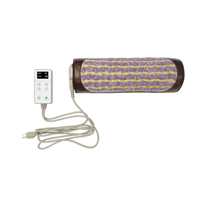 The Amethyst Bolster Firm | Heated InfraMat Pro® from HealthyLine is a cylindrical device wrapped in textured purple and yellow fabric, resembling an amethyst bolster. It comes with an attached remote control featuring a digital display and several buttons, and a power cord. This electronic massager or heating pad promotes natural healing for your comfort.