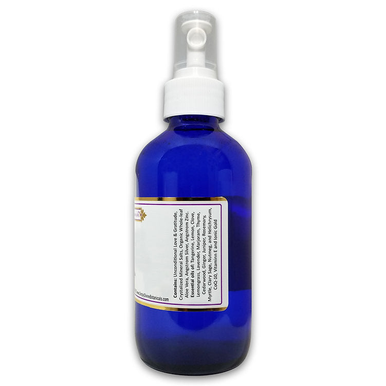 A blue spray bottle with a white label and nozzle is shown on a white background. The label reads "Keeping Abreast Of It Deodorant to Encourage Lymphatic Circulation" by Simply Divine Botanicals, an all-natural deodorant with essential oils.