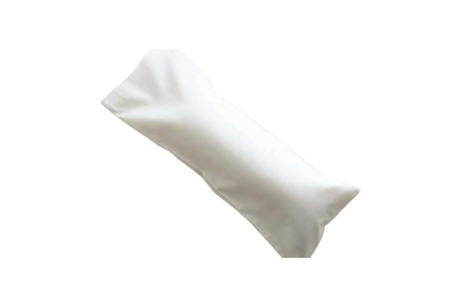 A long, white organic neck pillow from Shepherd's Dream is set against a plain background. This pillow looks soft and plush, making it ideal for providing comfort and support during sleep while promoting optimal cervical spine alignment.