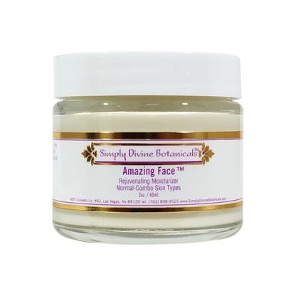 A clear jar with a white lid labeled "Simply Divine Botanicals Amazing Face Rejuvenating Nourishing Moisturizer," featuring a cream enriched with natural ingredients for deep hydration.