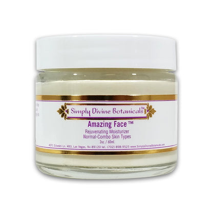 A clear jar with a white lid labeled "Simply Divine Botanicals Amazing Face Rejuvenating Nourishing Moisturizer" sits against a white background, offering a hydrating boost with natural ingredients for normal to combination skin.