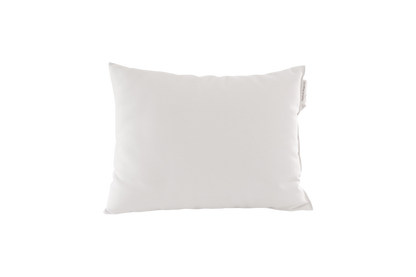 A plain white square pillow, known as the Child's Sleep Pillow by Shepherd's Dream, crafted from natural wool and featuring a subtle tag on the side, set against a transparent background.