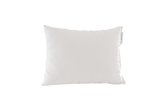 A plain white square pillow, known as the Child's Sleep Pillow by Shepherd's Dream, crafted from natural wool and featuring a subtle tag on the side, set against a transparent background.