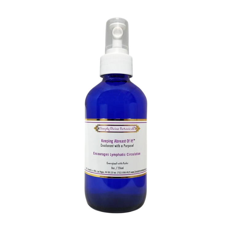 Simply Divine Botanicals' Keeping Abreast Of It Deodorant to Encourage Lymphatic Circulation comes in a blue spray bottle with a white label accented in gold and purple, and features essential oils for natural freshness.
