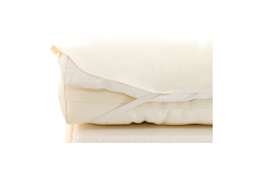 Folded Wool Mattress Protector from Shepherd's Dream, featuring attached elastic straps and dust mite-resistant, breathable wool, displayed against a plain background.