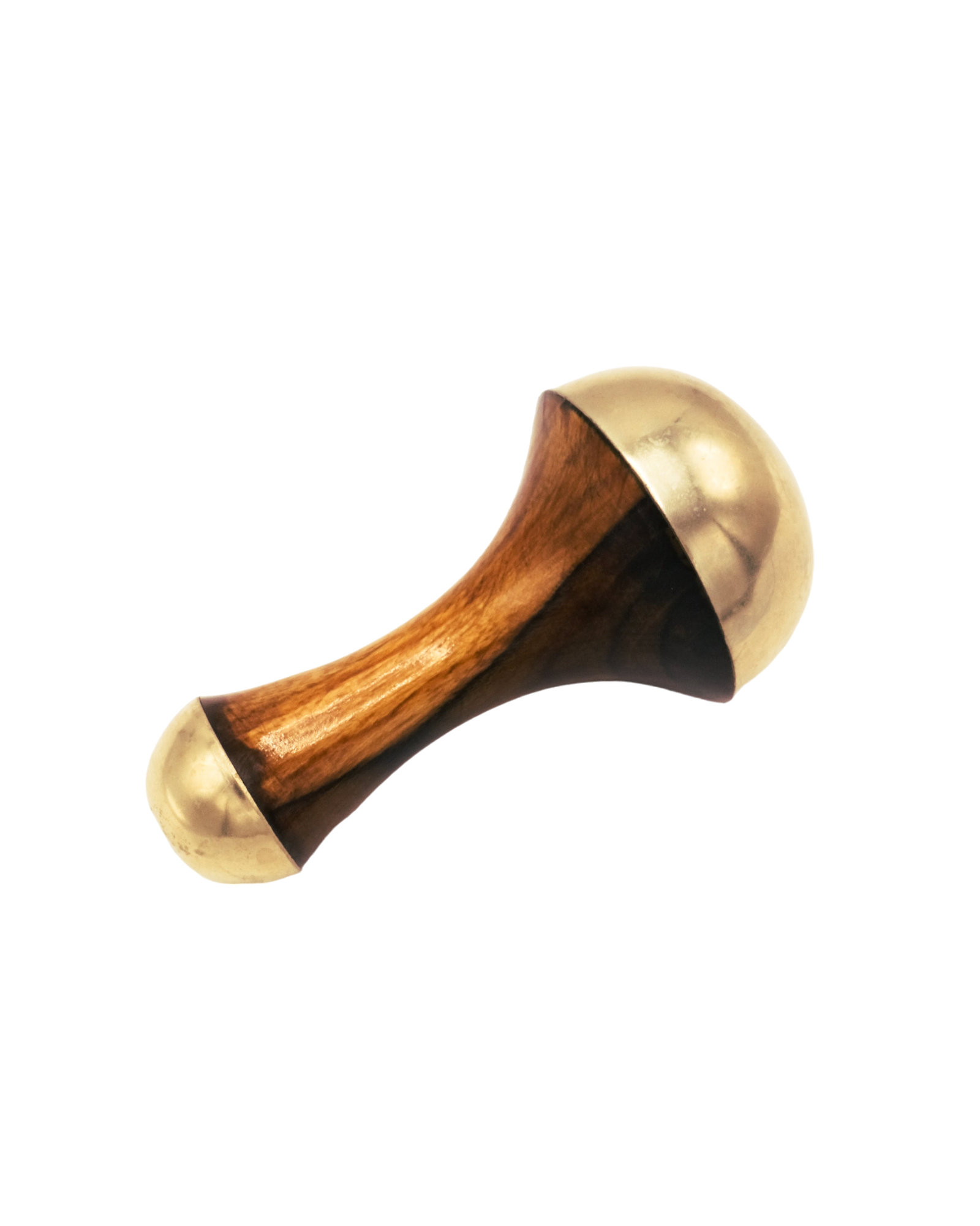 Introducing the Surya Kansa Wand — a beautifully crafted wooden massage roller with golden metallic caps on both ends. Its ergonomic, curved design ensures a comfortable grip for ease of use during massages. The dark brown wood contrasts strikingly with the gleaming metallic ends, giving it an elegant and traditional appearance reminiscent of classic Kansa Wands.