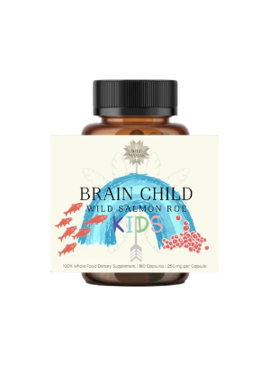 A brown bottle labeled "Brain Child" by Wild Mamas, featuring a blue dome, red fish, and feathers. This kids' supplement contains 180 capsules of Omega-3 rich Wild Salmon Roe, providing 250 mg per capsule as a nutritious superfood.