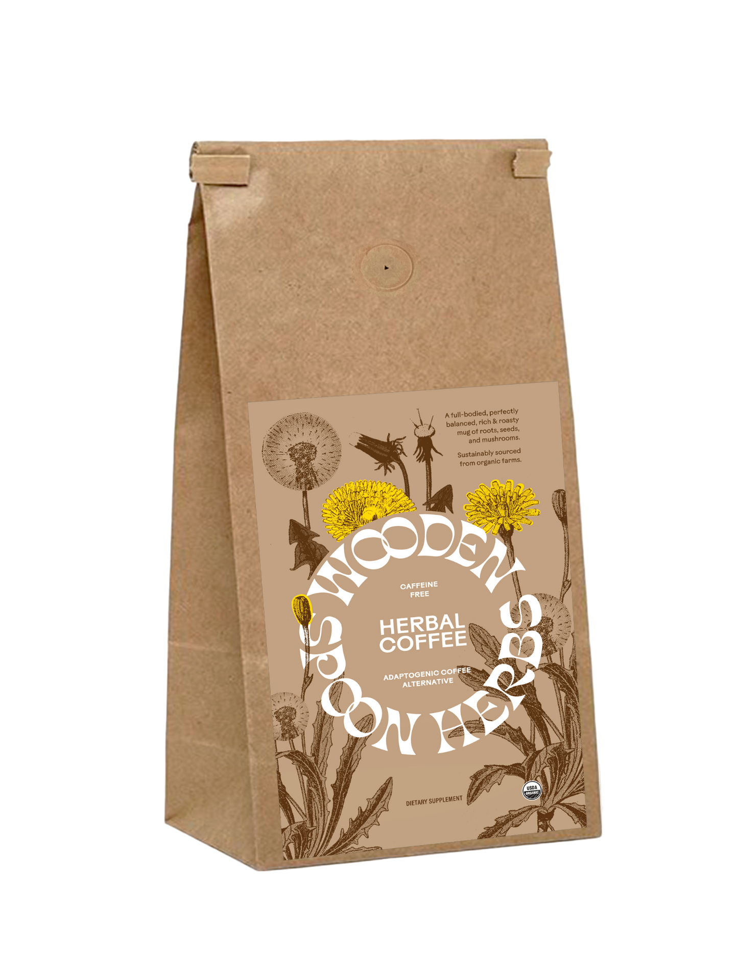 A brown paper bag labeled "WOODED SPOON HERBS" containing "Herbal Coffee," a caffeine-free blend featuring adaptogenic herbs, ashwagandha, and adaptogenic mushrooms. The front displays illustrations of yellow dandelions and other herbs. The bag has a folded top closure.