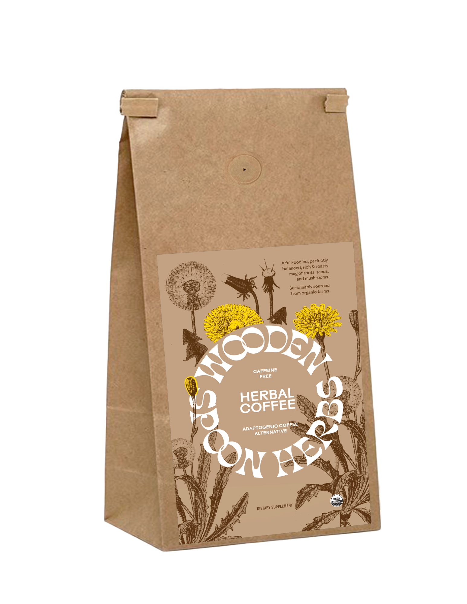 A brown paper bag labeled "WOODED SPOON HERBS" containing "Herbal Coffee," a caffeine-free blend featuring adaptogenic herbs, ashwagandha, and adaptogenic mushrooms. The front displays illustrations of yellow dandelions and other herbs. The bag has a folded top closure.