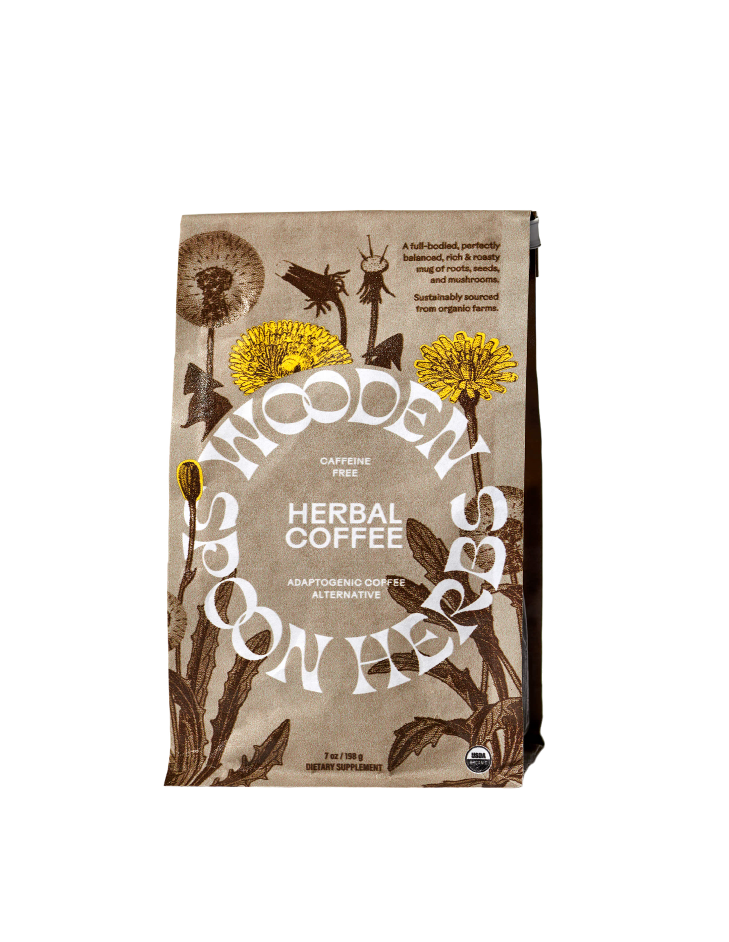 A brown and cream-colored packaging of WOODEN SPOON HERBS Herbal Coffee is shown, adorned with botanical illustrations that include dandelions. The text emphasizes that this caffeine-free blend contains adaptogenic mushrooms and serves as a coffee alternative. The net weight is 7 oz (198 g).