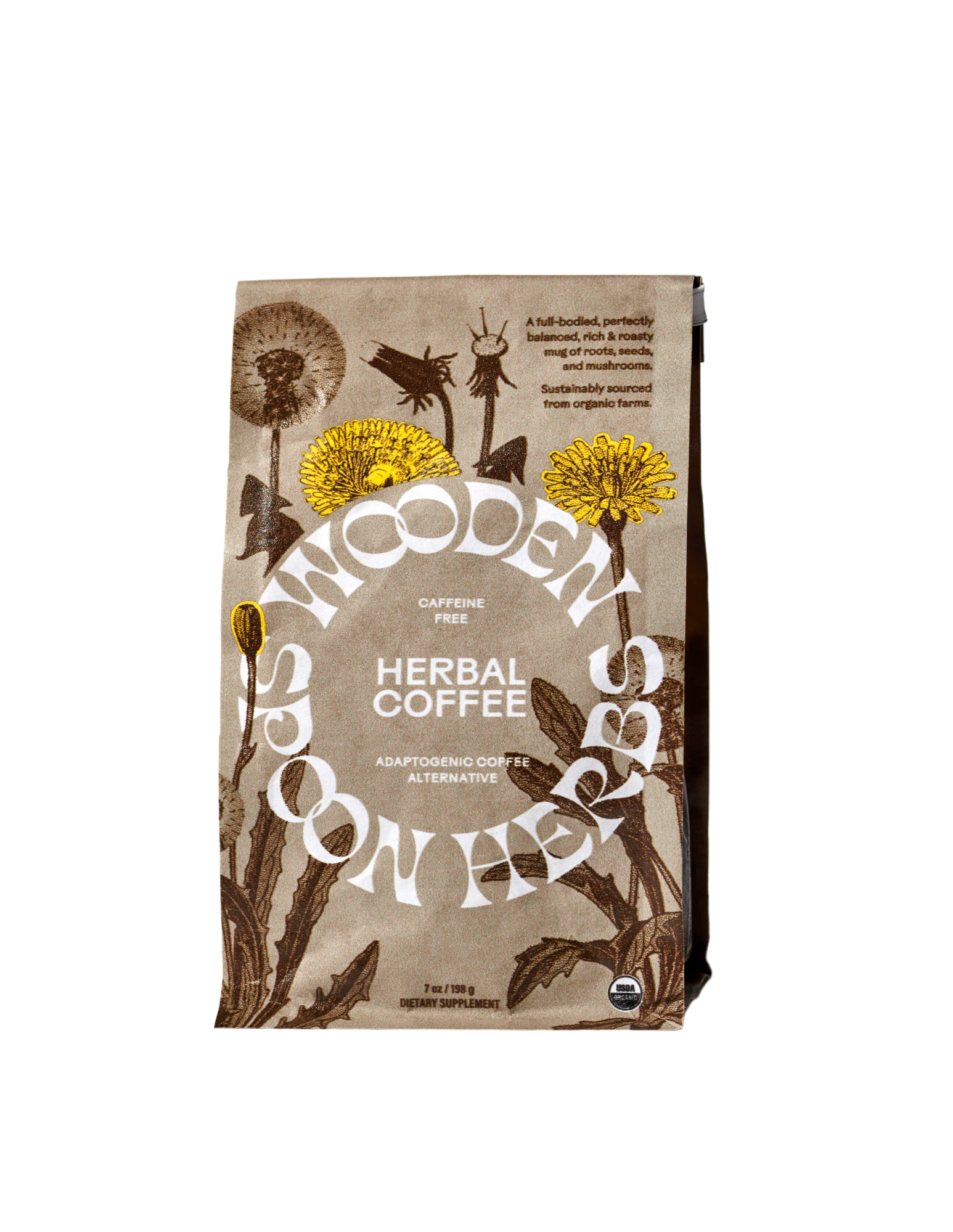 A brown and cream-colored packaging of WOODEN SPOON HERBS Herbal Coffee is shown, adorned with botanical illustrations that include dandelions. The text emphasizes that this caffeine-free blend contains adaptogenic mushrooms and serves as a coffee alternative. The net weight is 7 oz (198 g).